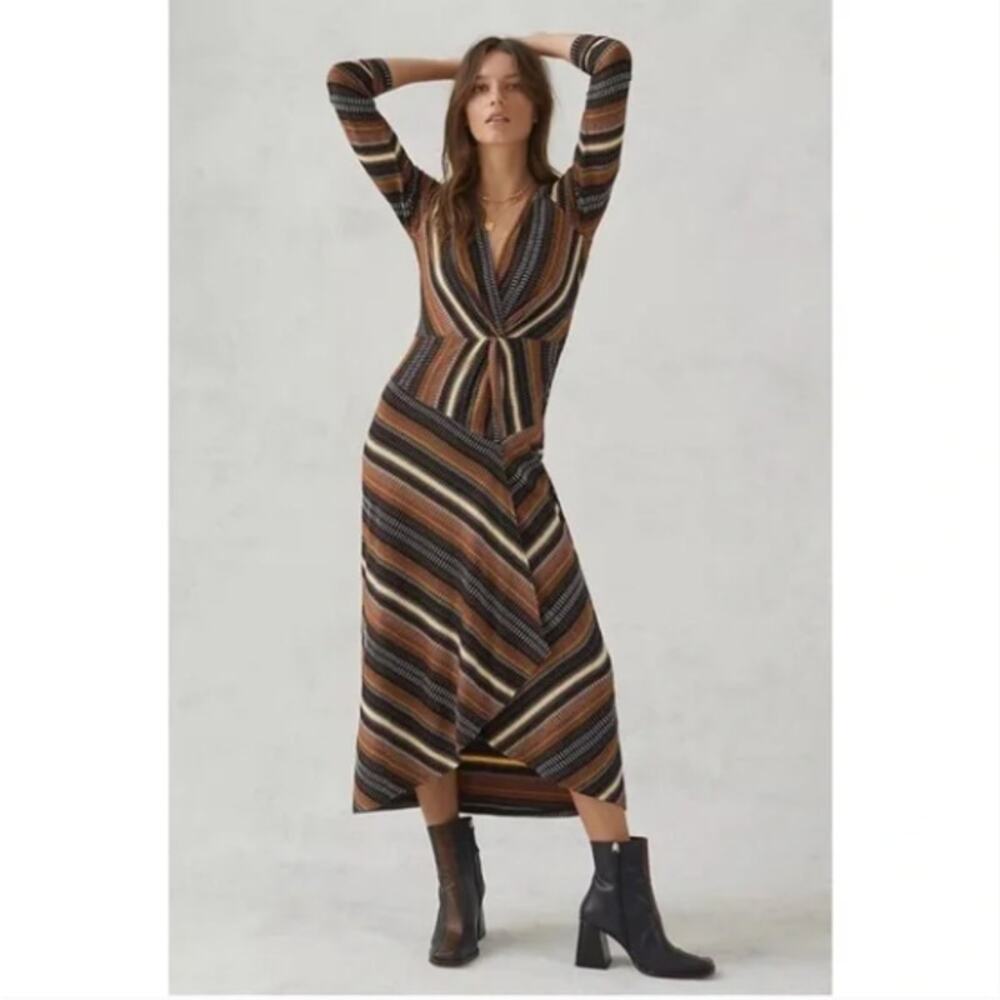 Anthropologie Maeve Striped Wrap Midi Dress Brown Black XS - Picture 2 of 8